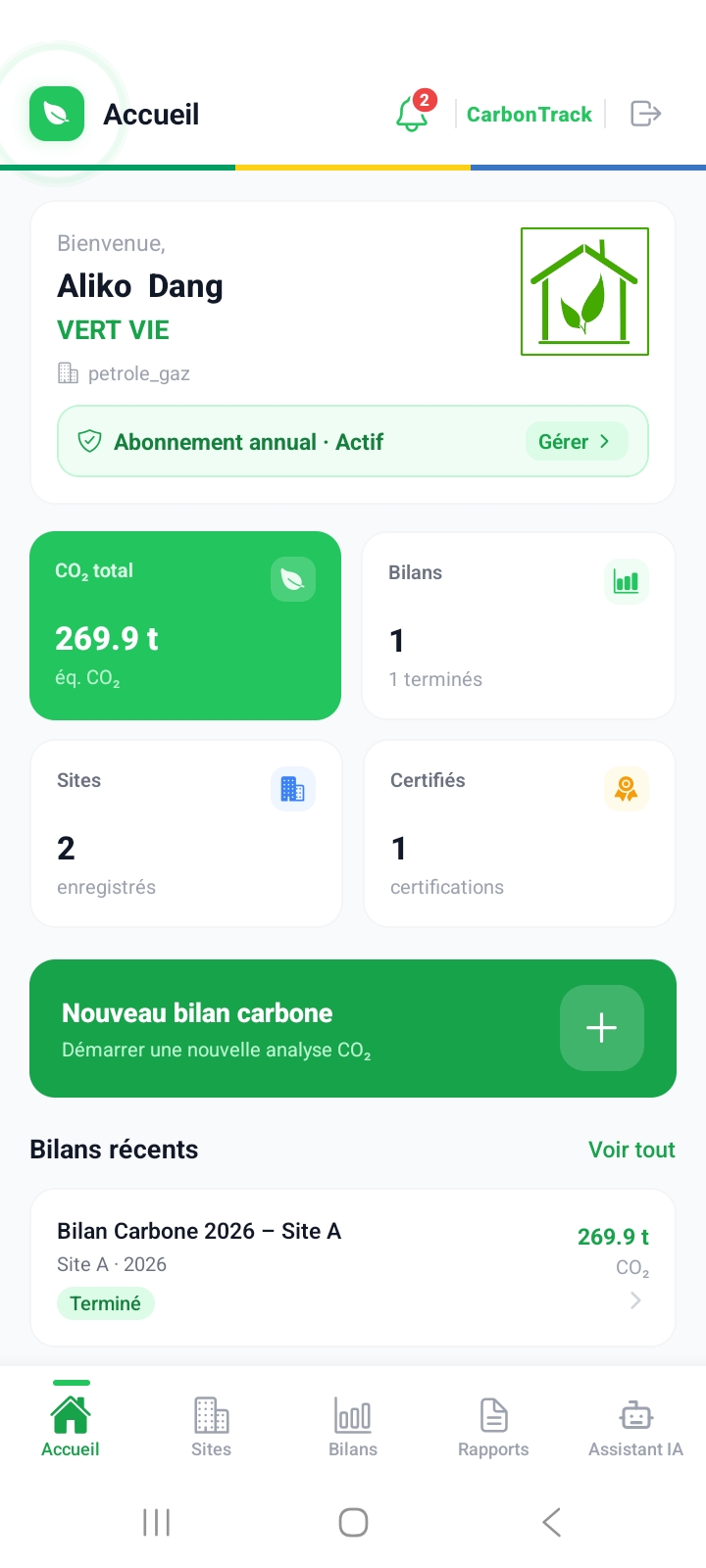 CarbonTrack mobile — tableau de bord